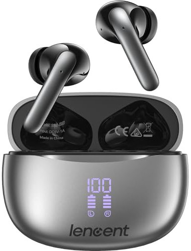 LENCENT Auriculares Inalámbricos Bluetooth 5.3 con 30H Reproducción, Audifono IPX5 Impermeable, Cascos Inalambricos Control Táctil Pantalla LED, Micrófono Incorporado para iOS Andriod,Negro-Plato