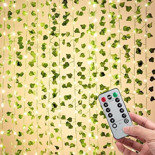 Zenovate Efeu Lichterkette Innen Batterie, 10M 100LEDs Lichterkette Efeu Künstlich, 8 Beleuchtungsmodi Lichterkette Batterie, Pflanzen Aesthetic Dekoration für Room Hochzeit Party