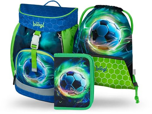 Baagl Schulranzen Jungen für 1. Klasse, Airy Schultasche Set 3-Teilig, Grundschule Schulrucksack für Kinder, Ranzen für Schule, Tornister (Fussball Ball)