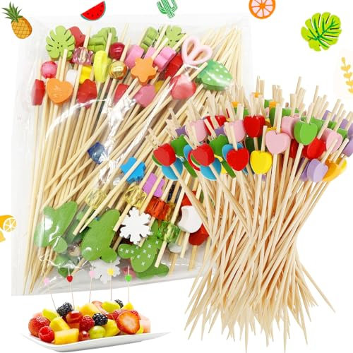 Dtoterul 200 Piezas Palillos para Aperitivos Decorados, Palillos para Cócteles 12cm, Palillos Rosa para Aperitivos en Forma de Corazón, Incluye Corazón, Fruta, para Fiesta(Colorido)