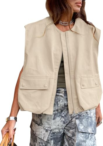 PAODIKUAI Women's Casual Zip Up Vest Cargo Ruched Hem Lightweight Sleeveless Blazer Oversized Jackets Top with Pockets(Khaki,L)