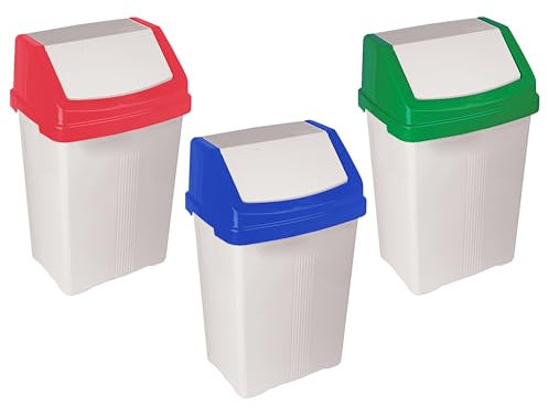 FotoStation Set of - (Red + Blue + Green) 50L Litre Swing Bin High Grade Plastic Flip Top Kitchen/Home/Office Recycling Bin Waste Bins Garbage Dustbin Indoor Rubbish Trash Refused Bins Made in UK