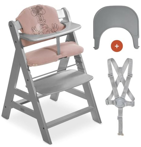 hauck Hochstuhl Alpha+ mit Tablett Click Tray und Sitzpolster - Mitwachsender Babystuhl aus Holz, Kinderhochstuhl ab 6 Monate, verstellbar - Grau | Minnie Mouse