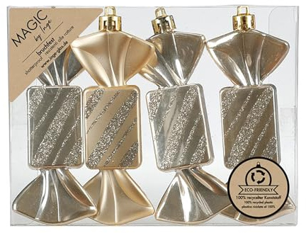 Inge-glas, Julgranspynt, godis, 10,5 cm, plast, set om 4 – okrossbar och med glitter, julgranskulor för julgran, julgranskulor och julgransprydnad, champagne, krämguld