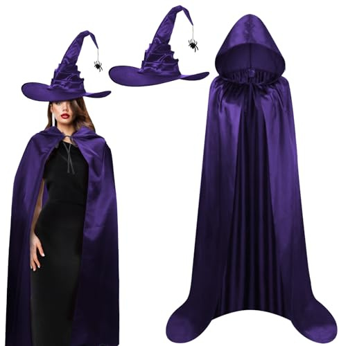 LAMEK Hexen Umhang mit Kapuze 110cm Lange Halloween Kostüm mit Hexenhüt Lila Hexenkostüm Mystischer Kapuzenumhang für Herren Damen Halloween Cosplay Karneval Maskerade