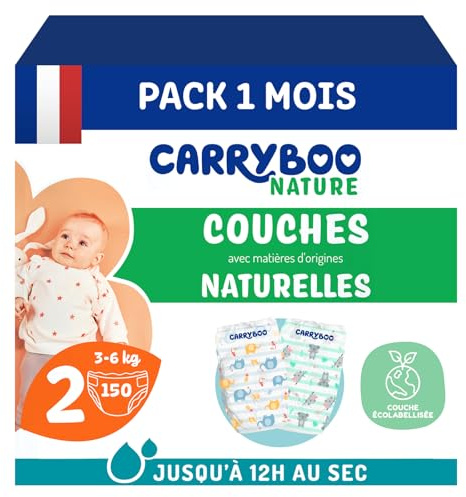 Carryboo – Pañales tamaño 2 (3-6 kg) – Piel sensible – Natural y ultra absorbente, 12 h a prueba de fugas – Sin ingredientes no deseados – Fabricado en Francia – 150 capas desechables – Paquete de 1