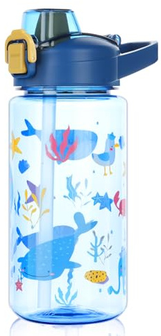 flintronic 600ML Gourde Enfant avec Paille, Bouteille Enfant, Verrouillage Sécurisé, Anti-Fuite, Réutilisable, sans BPA Tritan pour l'école Sport (Bleu Foncé-Animaux marins)