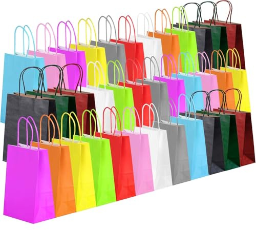 YORFULL 36PCS Geschenktüten, 12 Farben Bunt Papiertüten mit Henkel, Mittelgroß Geschenktüten für Kindergeburtstag, Geburtstag, Kinderparty, Babyparty, süße Weihnachtstüten, 21 x 8 x 15 cm