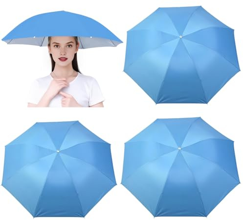 3 Pack Umbrella Hat, Sports Head Umbrella Hats for Adult Women, 26 Diameter Folding Waterproof Rainbow Fishing Headwear for Outdoor Party Beach Hiking (Sky blue)