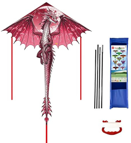 Grande aquilone rosso dragone, 431,8 x 180,3 cm, a linea singola, colorato, con coda lunga, per principianti, con manico di avvolgimento e filo da 100 m per attività all'aperto per giochi al parco