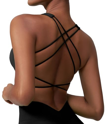 Okdance Damen Sport BH Rückenfrei Spaghetti Zurück Kreuzen Gym Top Geringe Auswirkung Unterstützung für Pilates Yoga Outfit (DE/NL/SE/PL, Alphanumerisch, M, Regular, Regular, Schwarz)