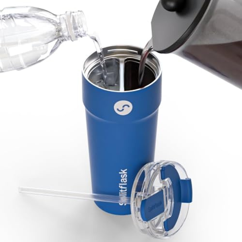 2-i-1 varm- och kallvakuumisolerad 30 cl dricksglas, rostfritt stål dubbelkammare, läckagesäker, BPA-fri, kopphållare, resekaffemugg, delad kopp, 2 drycker, 2 sidor, vattenflaska (Benjamin blå)