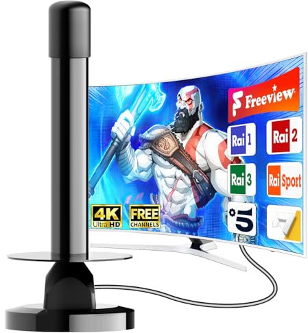 Aggiornamento 2025 Antenna TV Interna Potente Facile Installazione, Long Range Reception Digitale Antenna TV Portatile Support 4K 1080p VHF UHF DVB-T