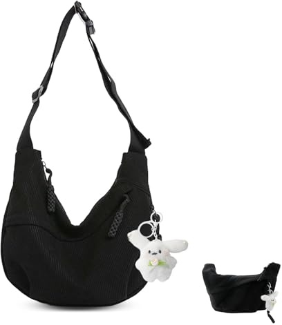 Halbmond Tasche Cord Crossbody Bag Damen Umhängetasche Schultertasche Groß Cord Crossbag Schwarz Schultertaschen Lässige Umhängetaschen Mode Bauchtasche mit Dekorativem Anhänger für Alltag Arbeit