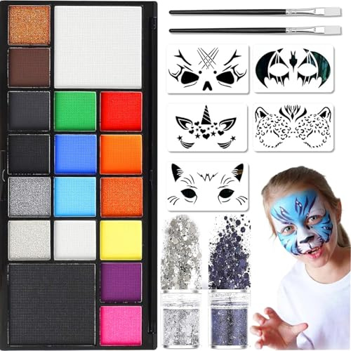 16 Farben Kinderschminke Halloween Wasserbasierte + 2 Glitzer + 5 Tattoo + 2 Pinseln Halloween Make Up Set Kinder Schminke für Theaterschminke Gesichts Schminken Erwachsene Vampir Zombie Karneval