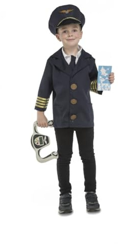 My Other Me - Disfraz Piloto infantil unisex, talla 5-7 años. Incluye chaqueta azul marino con camisa blanca, corbata negra, gorra con insignia dorada, mando de avión y tarjeta de embarque.