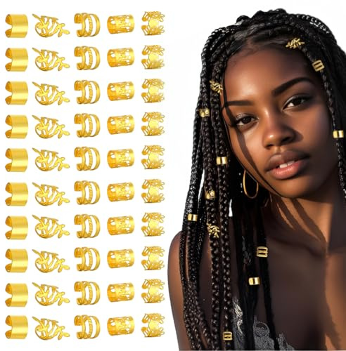 AEKZOX 50 Piezas de Accesorios para el Pelo, Joyas para Trenzas, Clips de Espiral, Cuentas para Dreadlocks, Decoración de Cabello (Oro)
