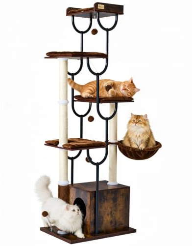 FourFurPets 188 cm Kratzbaum für große Katzen, stabiler Katzenbaum aus Holz mit Sisalstämmen, Katzenkratzbaum mit 4 Liegeplätzen, Massage-Bürste & Korb für große Katzen, hoher Kratzbaum (Rustic Brown)