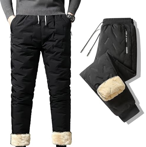 Termiska fleecebyxor unisex vattentäta vindtäta med blixtlåsfickor, varm sherpa-fodrad atletisk träningsbyxa joggingbyxa fleece byxa, Svart, S