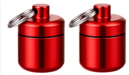 Red Stubbie Twin Pack. Waterproof Aluminium Pill Container with Keyring, 4.2 x 2.7 cm, Grey, Portable Medicine Storage Box