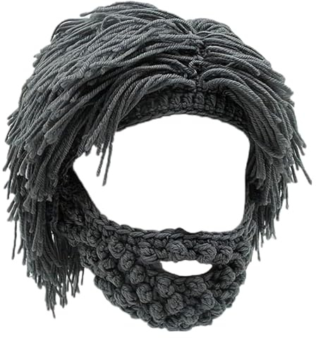 Mütze Im Punk-Stil mit Befestigter Perücke aus Glattem Haar und Gestricktem Bart, Neuartige Bartmützen und Strickmützen(Gray,Adult)