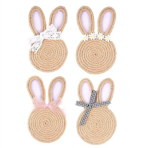 Osterhasen-Untersetzer, Juteseil, Hasen-Untersetzer mit floralen Spitzenschleifen, Osterhase, Baumwolle, handgefertigt, geflochtene Getränke-C-Oaster, saugfähig, runder Tischschutz für Zuhause, Party