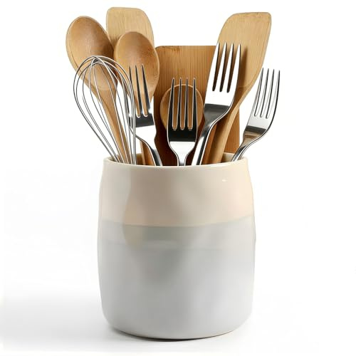 Hggzeg Ceramic Kitchen Utensil Holder, Cooking Utensils Pot (Small) | Utensil Crock Holder for Countertop Organisation and Storing Cutlery, Cooking Spoons