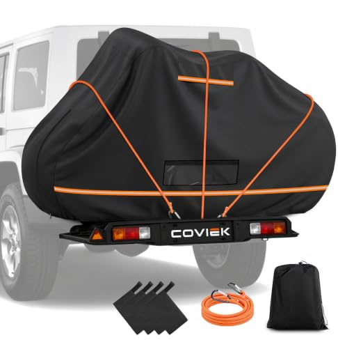 Coviek Heavy Duty Bike Cover for Rack 3 Bikes Waterproof Cotton Lining | 420D Oxford Bicycle Cover for Transport, Includes 3 x 3M Bungee Cords & 4 Handlebar Covers, Widened Vents, Windproof