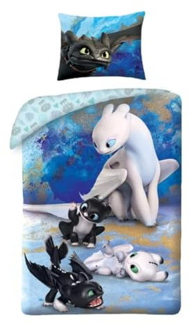 My sweety pop | Housse de Couette Dragon Dragon Puppies 140x200 cm | Parure de Lit Enfant 100% Coton | Taie d'oreiller Extra Large 70x90 cm | Linge de Lit Thème Monde Magique et Krokmou