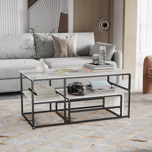 Hoscullo Rechteckig Couchtisch 2er Set, Hochglänzend Satztisch mit Stauraum, Moderne Wohnzimmertisch mit Marmoroptik, Tischbeine aus Metall, Beistelltisch für Wohnzimmer, Büro (Schwarz + Weiß)