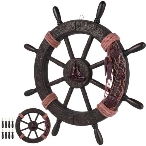 Beavorty Nautical Ship Wheel Decor Rustic Boat Steering Wheel Fishing Net Wall Sculpture Rudder Hanging Ornament for Home Beach Theme Door Hanging Decoration