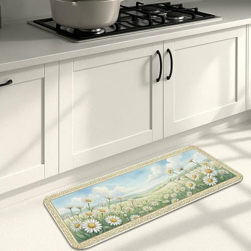 Tapetes de cocina florales de primavera para piso, diseño vintage de crisantemo azul, tapetes suaves y acolchados lavables para fregaderos de cocina, lavandería, baño, 16 x 47 pulgadas