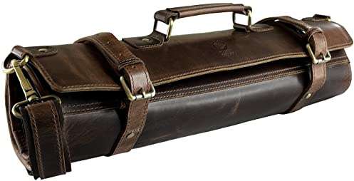 Leather Knife Roll Storage Bag - Elastic and Expandable 11 Pockets with Tool Pouch - Adjustable/Detachable Shoulder Strap - Travel Chef Knife Case Roll
