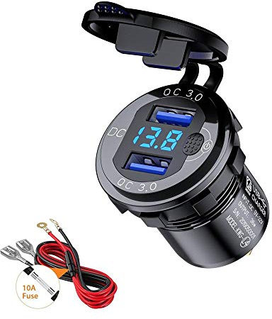 Thlevel Presa USB per Auto Caricabatteria 36W Auto Doppio QC3.0 Caricabatterie Accendisigari Impermeabile con Interruttore e Voltmetro LED Indicazione per 12V 24V Moto Camper Camion Barche