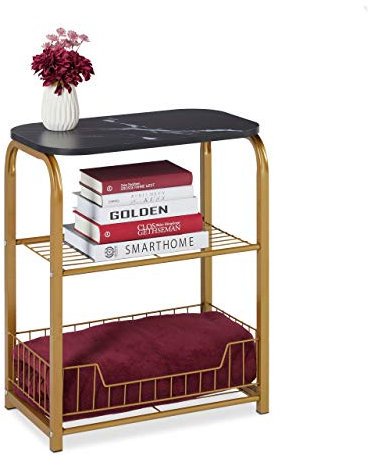 Relaxdays Beistelltisch mit Aufbewahrung, Tischplatte in Marmor-Optik, Metallgestell, HBT: 62 x 50 x 30 cm, schwarz-Gold