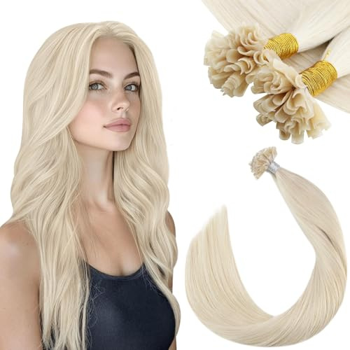 Ugeat Hårförlängningar med keratinvaxfästen, Bondings Extensions av äkta hår, nagelformat fäste, vitblond färg, 60A, Remi Pre Bonded Fusion U-Tips, 50 g/50 slingor, 35 cm