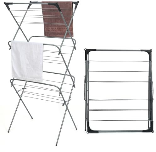 Rainberg 3 Tier Clothes Airer, Heavy Duty Foldable Clothes Drying Rack, with Non-Slip Feet for Indoor and Outdoor, Flat Foldable for Space Saving