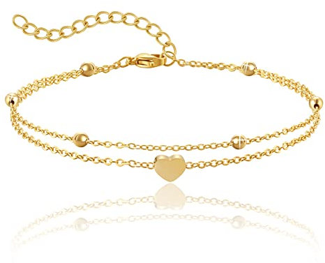 RWQIAN Damen Verstellbares Fußkettchen Edelstahl Wasserdichtes Fußkettchen mit Herz,Kettenlänge 20cm+5cm Gold