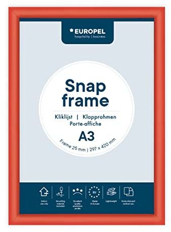 Europel Klapprahmen DIN A3, Easy-Click System, Profil 25x11 mm, Farbe Rot, eloxierte Aluminium und blendfreie Schutzfolie, Außenmaß 328x451, grau Polystyrol Rückseite, 355027