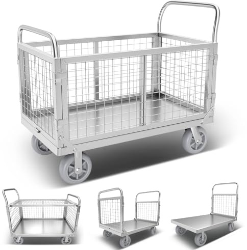 2000lbs Capacity Platform Truck Cart with Cage 6-in-1 Multi-Purpose Flatbed Cart 39x24 Foldable Heavy Duty Push Cart Dolly W/Swivel Wheel & Rmovable Side for Groceries, Garage, Warehouse, Laundry