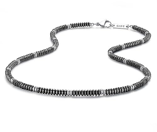 GAVU Collana da Uomo con Perline Piatte di Pietra Ematite Naturale e Acciaio Inossidabile 50cm