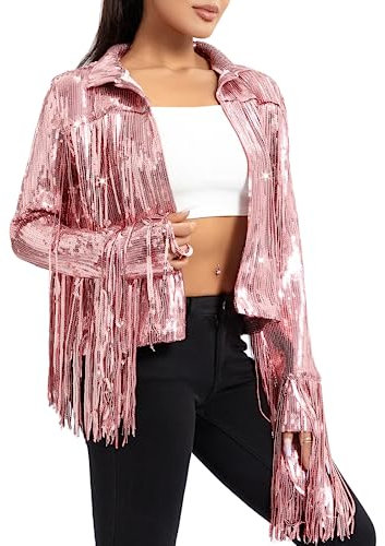 Frauen funkelnde Pailletten Jacke glänzender Glitzer Quasten Fringe Sem Disco Jacket Paillettenrandjacke Mantel Y2K 90S Streetwear (Rose, M)