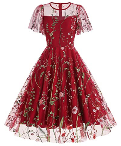 Wellwits Women's Flutter Sleeves Sheer Floral Embroidery Mesh Wedding Guest Cocktail Formal Vintage Dress Red 2XL