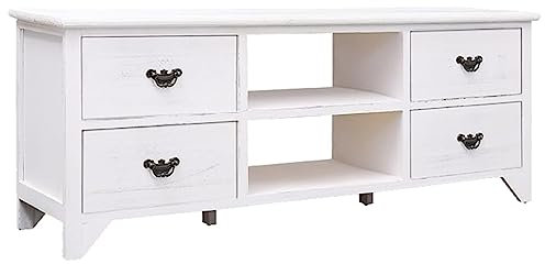 WEMYUFURN TV-Schrank Antik-Weiß 108x30x40 cm Massivholz Paulownia, Fernsehschrank, Unterhaltungszentrum, TV-Sideboard, Möbelstück für Wohnzimmer oder Schlafzimmer