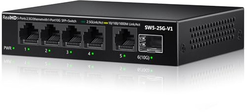 5 Port 2.5Gb Ethernet Switch Unmanaged Network Switch Ethernet Splitter | 5 x 2.5 Gigabit | 1 x 10G SFP+ | Multigig Switch 10-100-1000Mbps | 45G Bandwidth | Fanless Metal Internet Switch