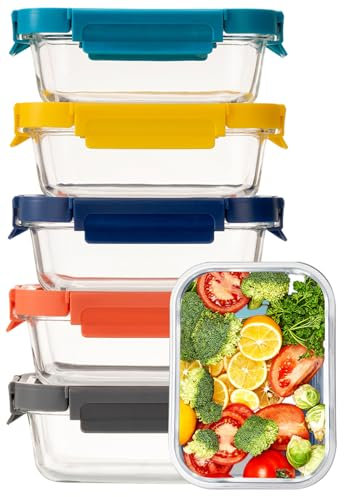 Fenger Lunchbox Bento box Brotdose,Frischhaltedosen,Vorratdosen aus Glas für Gesunde Mahlzeiten mit Auslaufsichen&Glas Deckel,BPA-frei (5 * 640ml)