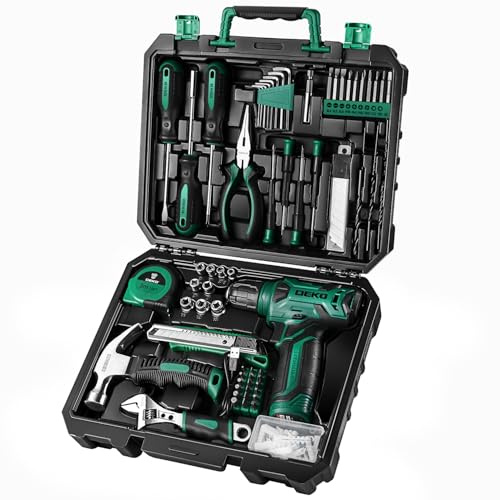 Tool Kit: 8V Cordless Drill, Home Toolbox with storage case, Hand Tool set for Home Repairs 126 Piece, Green