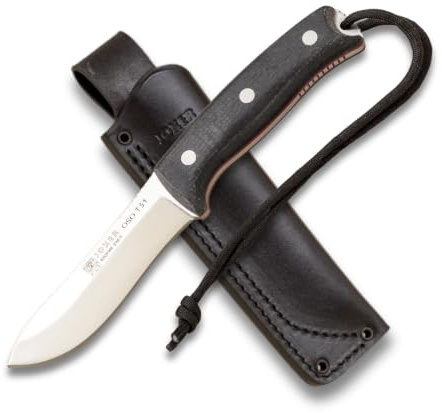 Joker Cuchillo de caza OSO TS1 CM140, mango Jute micarta negro, hoja de 11 cm, funda piel color negro, Herramienta de pesca, caza, camping y senderismo