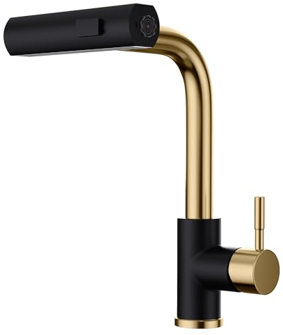 GIMILI Black and Gold Kitchen Faucet with Pull Down Sprayer, Waterfall 15“ High Single Handle Kitchen Sink Faucets