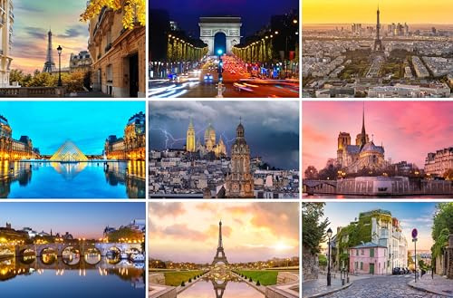 Lot de 9 cartes postales de Paris : 9 cartes individuelles (cartes de vœux) – Motifs photographiques, entre autres, Tour Eiffel, Montmatre, Sacre-Coeur, Louvre, Notre Dame – Photos/Images/Souvenirs de